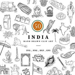 May include: A set of 50 hand-drawn black and white illustrations of Indian culture. The illustrations include a lotus flower, a peacock feather, a sitar, an elephant, a tiger, a temple, a woman in traditional clothing, a rickshaw, a bowl of rice, a yoga pose, and more.