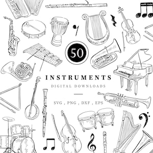 May include: A black and white illustration of 50 different musical instruments, including a piano, trumpet, violin, guitar, drums, and more. The text "50 Instruments Digital Downloads SVG, PNG, DXF, EPS" is also included in the image.