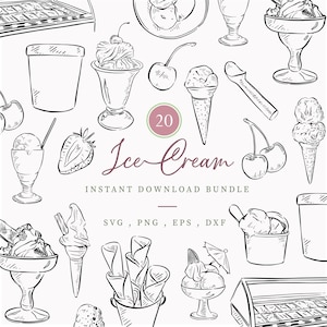 May include: Black and white line art illustrations of ice cream cones, sundaes, and other ice cream treats. The words "Ice Cream" are written in cursive, with the number "20" in a circle. The words "Instant Download Bundle" are also present.