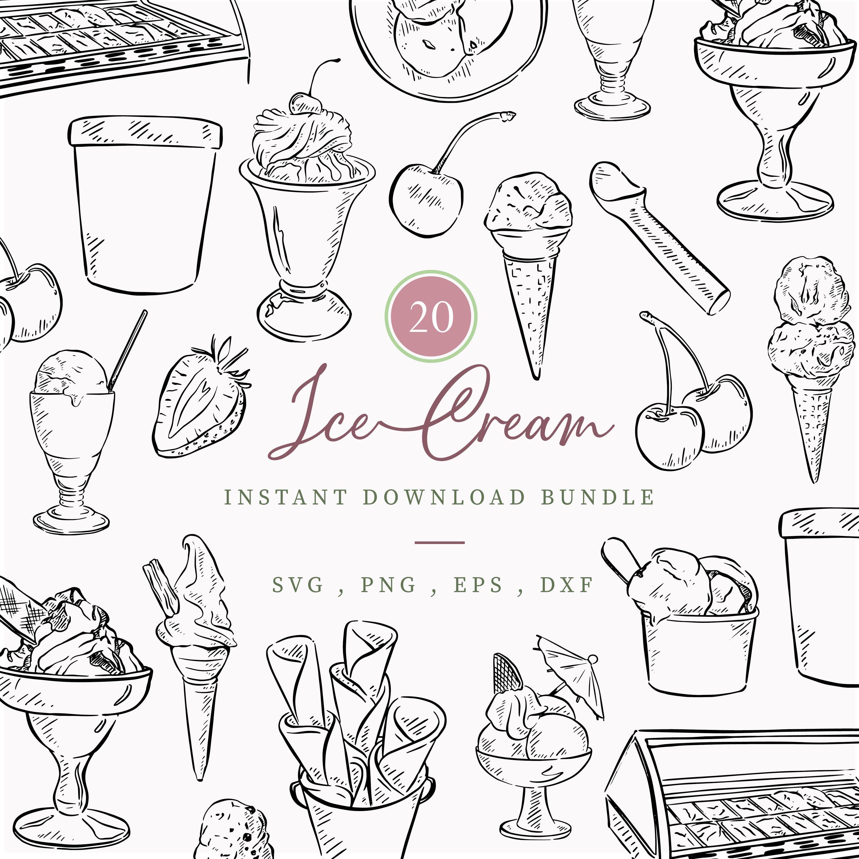 Ice Cream Line Drawn Clipart, Hand Drawn Black and White Illustrations, Gelato, Italian Instant Digital Download, Icecream Parlour, Dessert