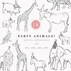 Party Animals Line Drawn Clipart, Animals in Hats Digital Download, Png, Dxf, Svg & Eps file, Elephant, Kids Party, Baby Animal Illustration