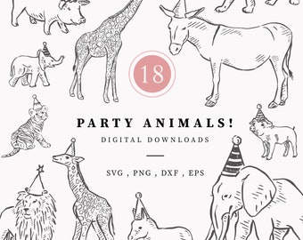 Party Animals Line Drawn Clipart, Animals in Hats Digital Download, Png, Dxf, Svg & Eps file, Elephant, Kids Party, Baby Animal Illustration
