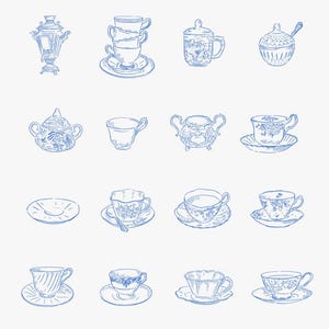 Vintage Tea Set Line Drawn Clipart, 26 Png, Svg, Dxf & Eps files at 300 dpi,Cup and Saucer, Teapot Illustration, Line Drawn Instant Download image 10