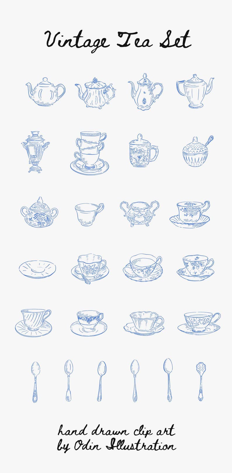 Vintage Tea Set Line Drawn Clipart, 26 Png, Svg, Dxf & Eps files at 300 dpi,Cup and Saucer, Teapot Illustration, Line Drawn Instant Download image 10