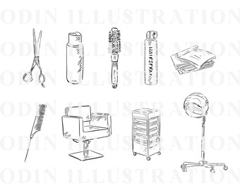 Hair Salon Illustration Bundle, Hairdresser Digital Download, Line