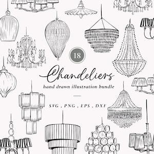 May include: A collection of 18 hand-drawn chandelier illustrations in black and white. The image includes various chandelier designs, from classic crystal chandeliers to modern geometric styles. Text includes "Chandeliers" and "hand drawn illustration bundle".