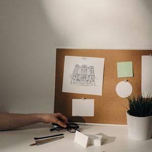 A corkboard with a black and white drawing of a building, a green sticky note, a white circle, and a white note. A potted plant with green leaves sits on a white surface in front of the corkboard.