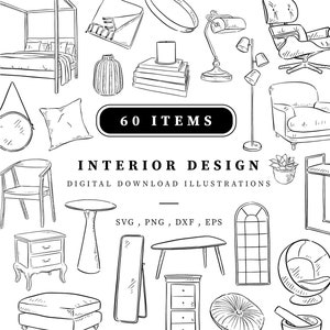 Clipartbundel Meubels en interieur, vectorillustratie instant download, lijngetekende illustraties, interieurontwerp zwart-wit