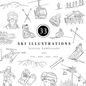 Skivakantie illustraties, ski clipart, après-ski, digitale download illustraties, lijngetekende illustraties, zwart-wit handgetekende ski, eps, png