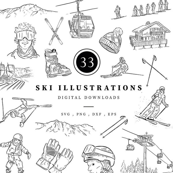 Skiing Holiday Clip Art, Ski Clipart, Apres Ski, Digital Download Illustrations, Line Drawn Clip Art, Black & White Hand Drawn Ski, eps, png