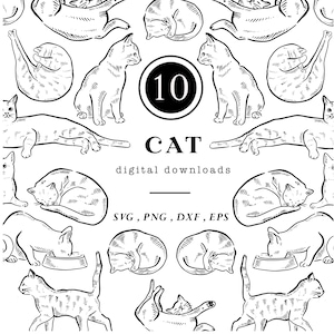 Dessins de chats, dessin au trait en téléchargement numérique instantané, Illustration vectorielle, icônes chaton dessinés à la main, créations DIY, png svg eps dxf, art mural