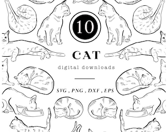 Cat Drawings, Instant Digital Download Line Drawing, Vector Illustration, Hand Drawn Kitten Icons, DIY Craft, png svg eps dxf, Wall Art