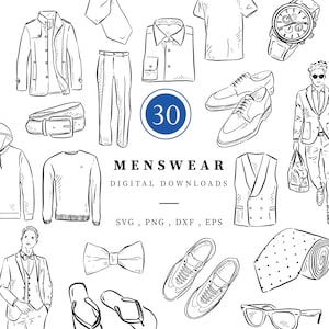 Mens Fashion Line Drawn Clipart, Black and White Images, Mens Clothing SVG Files, Instant Digital Download, Menswear Drawings, T-shirt suit
