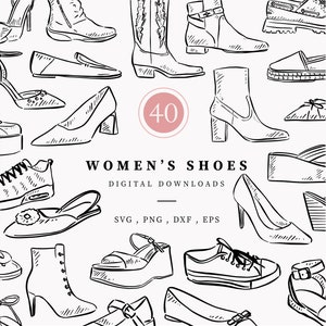 Puede incluir: Un conjunto de 40 dibujos en blanco y negro de zapatos de mujer. Los zapatos incluyen botas, sandalias, zapatillas deportivas, zapatos planos y tacones. El texto "WOMEN'S SHOES" y "DIGITAL DOWNLOADS" está incluido en la imagen. El texto "SVG, PNG, DXF, EPS" también está incluido en la imagen.