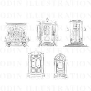 Five black and white line drawings of different door designs. The doors are all closed and have various architectural details, including windows, arches, and decorative moldings. The doors are set against a white background.