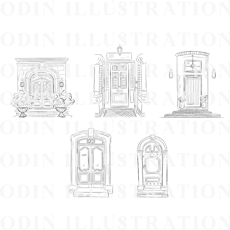 Five black and white line drawings of different door designs. The doors are all closed and have various architectural details, including windows, arches, and decorative moldings. The doors are set against a white background.