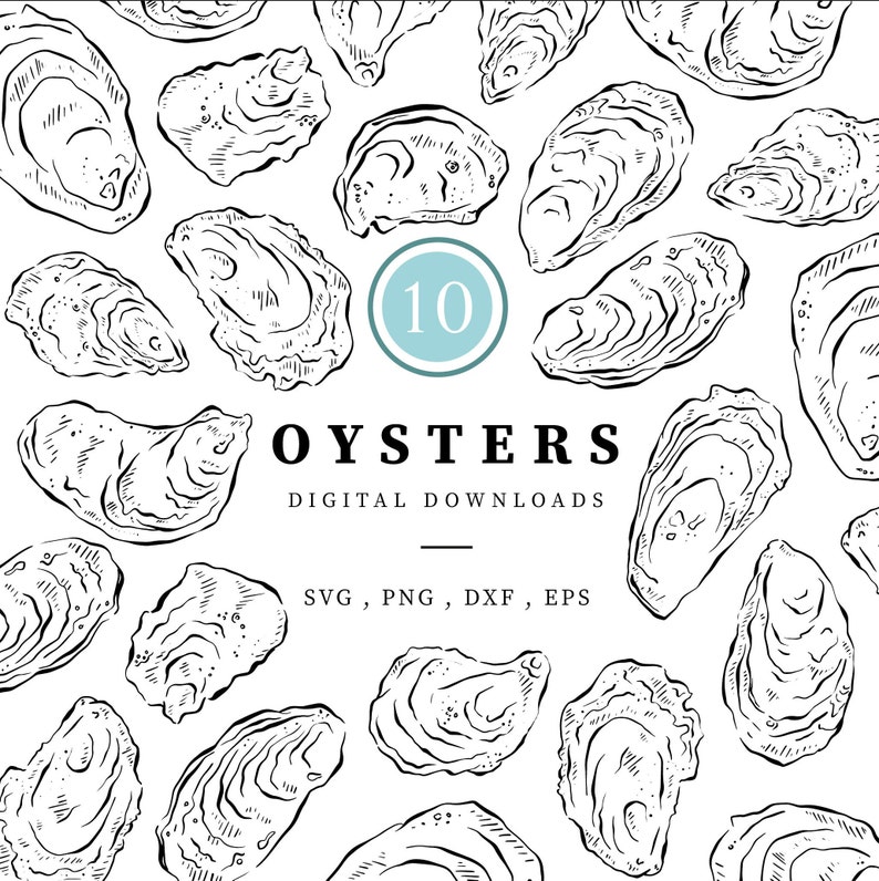A digital download set of 10 black and white line drawings of oysters. The text "OYSTERS" and "DIGITAL DOWNLOADS" is displayed in the centre of the image. The text "SVG, PNG, DXF, EPS" is displayed below the centre text.