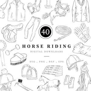 May include: Black and white line art illustration of various horse riding equipment and apparel. Includes a saddle, riding jacket, gloves, and a horse jumping over a fence. The text "HORSE RIDING" is displayed.