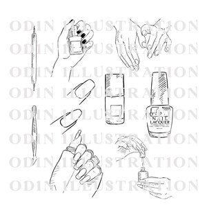 Puede incluir: Un conjunto de ilustraciones dibujadas a mano de herramientas para el cuidado de las u&ntilde;as y botellas de esmalte de u&ntilde;as. Las ilustraciones incluyen una lima de u&ntilde;as, un empujador de cut&iacute;culas, una mano sosteniendo una botella de esmalte de u&ntilde;as y una mano pintando una u&ntilde;a.
