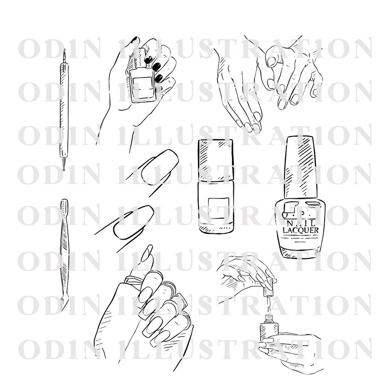 Puede incluir: Un conjunto de ilustraciones dibujadas a mano de herramientas para el cuidado de las u&ntilde;as y botellas de esmalte de u&ntilde;as. Las ilustraciones incluyen una lima de u&ntilde;as, un empujador de cut&iacute;culas, una mano sosteniendo una botella de esmalte de u&ntilde;as y una mano pintando una u&ntilde;a.