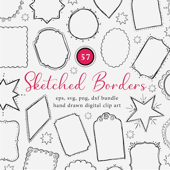 Sketched Borders Clip Art, Digital Download of Hand Drawn Frames, Border Doodles, Instant Digital File, Vector Graphic, Scalloped Edge