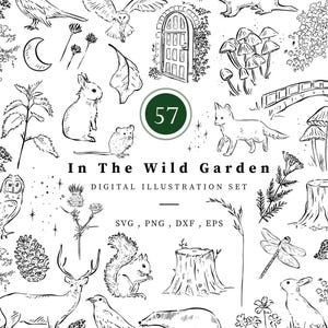 Pode incluir: Um conjunto de ilustrações digitais intitulado In The Wild Garden com 57 desenhos de linhas a preto e branco de animais da floresta, plantas, cogumelos, um tronco de árvore, uma ponte e uma porta de jardim, disponível em SVG, PNG, DXF e EPS.