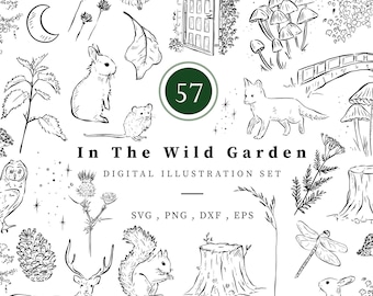 Wild Garden Digital Download, 57 Animal Illustrations, Instant Download, Hand Drawn Forest, Black and White Woodland Clip Art, Wild Flowers