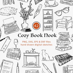 May include: A collection of hand-drawn digital sketches featuring a cozy book nook theme. The illustrations include books, a cat, a fireplace, a typewriter, and the text "Cozy Book Nook". The image also includes the number "42".