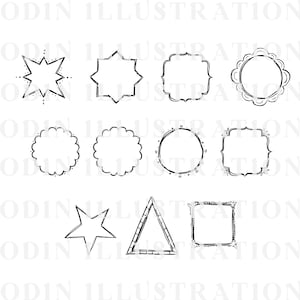 A selection of black and white hand-drawn frames and shapes. The designs include stars, circles, squares, and a triangle, all with a sketchy, artistic style. The word "ODIN ILLUSTRATION" is repeated across the image.
