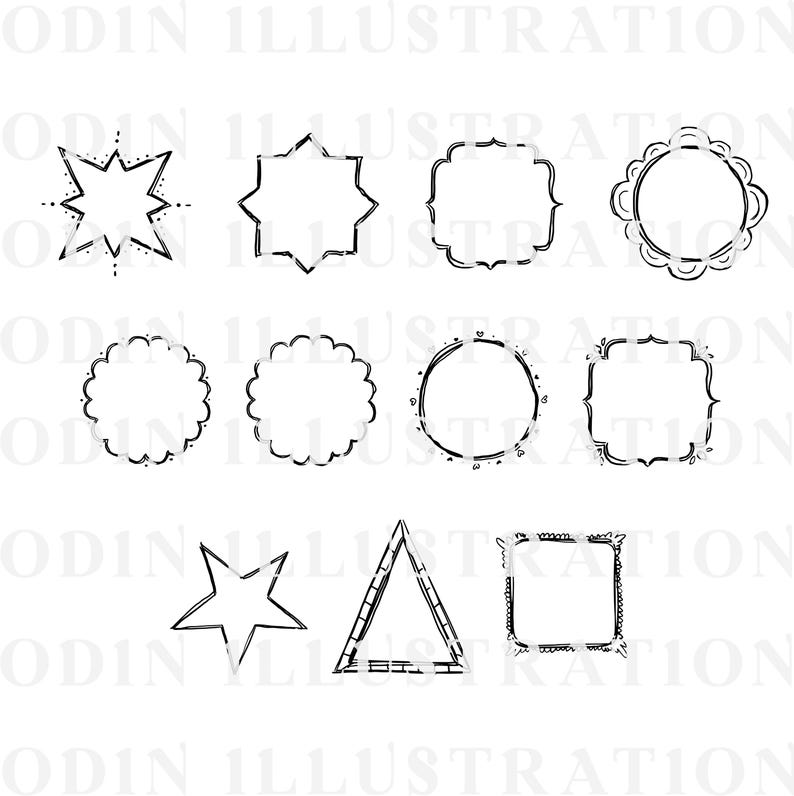 A selection of black and white hand-drawn frames and shapes. The designs include stars, circles, squares, and a triangle, all with a sketchy, artistic style. The word "ODIN ILLUSTRATION" is repeated across the image.