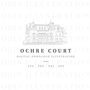 Ochre Court, Newport, EE.UU. Ilustración de la mansión, dibujo de línea de descarga instantánea, ilustración vectorial, lugar americano, boda DIY, archivo Digi