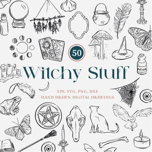 Puede incluir: Dibujos digitales en blanco y negro de elementos de brujería, incluyendo una bola de cristal, cartas del tarot, un caldero, un sombrero de bruja, una telaraña, un gato y un pentagrama. El texto "Witchy Stuff" se muestra con el número "50".