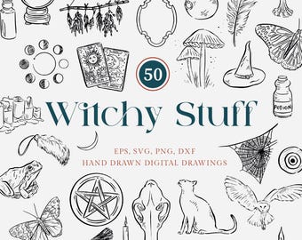 Magic Witch Line Art Clipart, Halloween Digital Download, Spooky Drawing Bundle, Hand Drawn Black and White Doodles, Spells, Occult, Cat Art