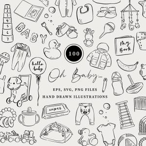 Babydouche lijn getrokken Clipart, 100 handgetekende illustratie Png Svg Eps, grillige uitnodiging, zwarte doodles, kaart pasgeboren, baby speelgoed tekening