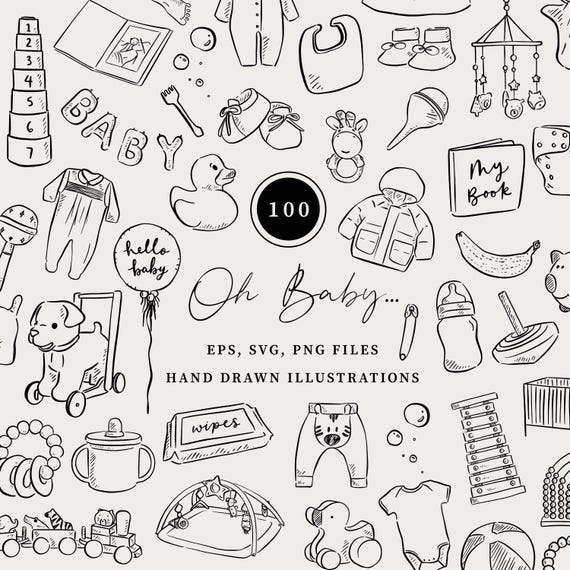 Baby Shower Illustration Bundle, 100 Hand Drawn Clip Art Png Svg Eps, Whimsical Invitation, Baby SVG Doodles, Newborn Card, Baby Toy Drawing