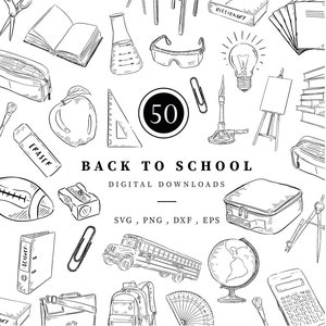 Imágenes prediseñadas escolares en blanco y negro, ilustraciones digitales para descargar, dibujadas a mano, con líneas, en archivos SVG, DXF, EPS y PNG a 300 ppp.