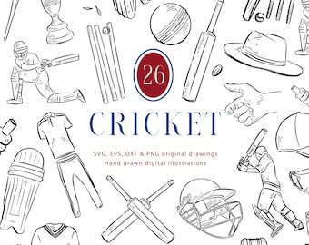Cricket Clip Art Bundle, Line Drawn Digital Download, Black & White Sport Vector, Cricket Party, Father's Day SVG, Cricket PNG Illustrations