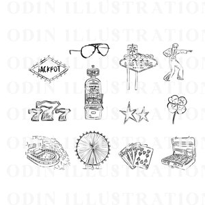 Black and white line drawings of various Las Vegas themed icons, including a slot machine, a pair of sunglasses, a welcome to Las Vegas sign, a four-leaf clover, a jackpot sign, a pair of dice, a casino chip, a roulette wheel, a deck of cards, and a briefcase full of money.