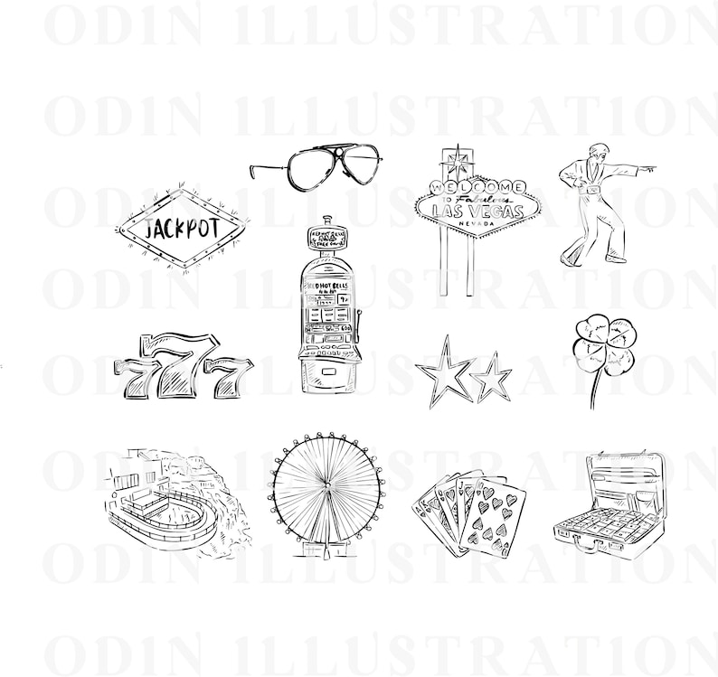 Black and white line drawings of various Las Vegas themed icons, including a slot machine, a pair of sunglasses, a welcome to Las Vegas sign, a four-leaf clover, a jackpot sign, a pair of dice, a casino chip, a roulette wheel, a deck of cards, and a briefcase full of money.