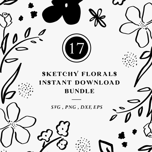 Simple Floral Illustrations, Digital Download, Line Drawn Clip Art, DIY Wedding Invitation, Instant Download Art, Black and White Design
