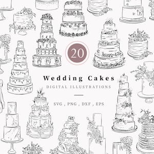 Hochzeitstorte Illustrationen, digitaler Download, Linie gezeichnete Clipart Hochzeitsmenü, DIY Hochzeitsbeschilderung, handgezeichnete Instant Vektor-Dateien, Dessert