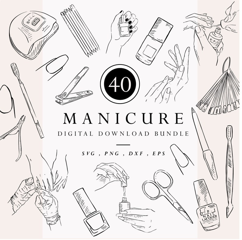 A set of 40 black and white line drawings of manicure tools and supplies. The illustrations include nail clippers, nail files, cuticle pushers, nail polish bottles, and hands applying nail polish.