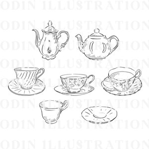 A set of six hand-drawn illustrations of teacups and teapots. The illustrations are in black and white and feature a variety of designs, including floral patterns and stripes.