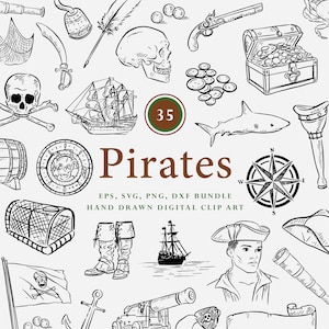 Puede incluir: Una colección de elementos de clip art digitales dibujados a mano con temática pirata. Incluye un barco pirata, una calavera, un cofre del tesoro, una brújula y otras ilustraciones relacionadas. La palabra "Pirates" se muestra en texto marrón.