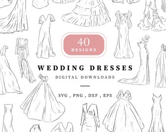 Wedding Dress Digital Download, Bridal Clip Art, Line Drawn Clipart, 40 Png, Svg, Dxf & Eps files at 300 dpi, Wedding Sign, Bridal, Bride