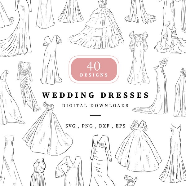 Wedding Dress Digital Download, Bridal Clip Art, Line Drawn Clipart, 40 Png, Svg, Dxf & Eps files at 300 dpi, Wedding Sign, Bridal, Bride