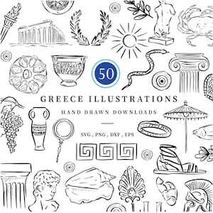 Greek Wedding Line Drawn Clipart, 50 Png, Svg, Dxf Eps files at 300 dpi, Greece themes, Greek Mythology, Black Illustrations Sketch