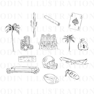 Black and white line drawings of various items associated with Las Vegas, including a stack of casino chips, a hotel, a palm tree, a bag of money, a playing card, a boarding pass, a football, a limousine, an aeroplane, a cactus, a cigar, and a hotel key.