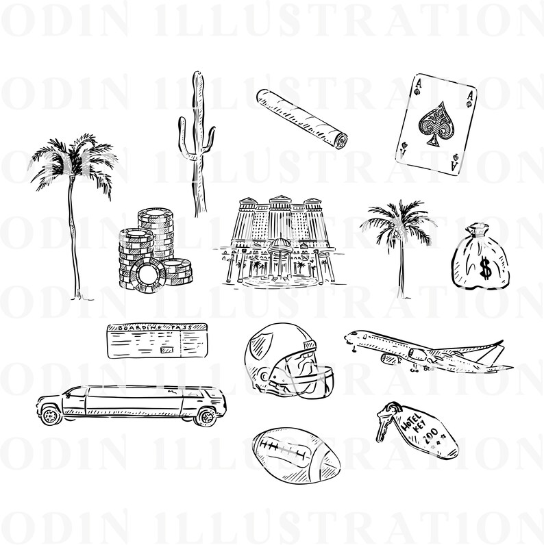 Black and white line drawings of various items associated with Las Vegas, including a stack of casino chips, a hotel, a palm tree, a bag of money, a playing card, a boarding pass, a football, a limousine, an aeroplane, a cactus, a cigar, and a hotel key.