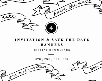 Invitation Ribbon Banner Clipart, Downloadable Save the Date Clipart, Digital Download Illustrations, Line Drawn Ribbon, Black & White Shade